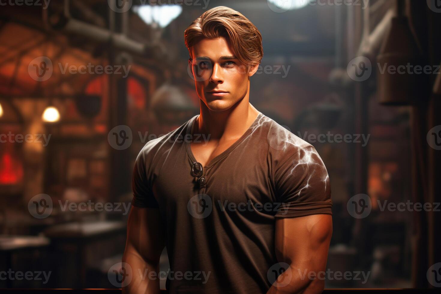 AI generated Virile Muscle handsome young man posing. Generate Ai photo