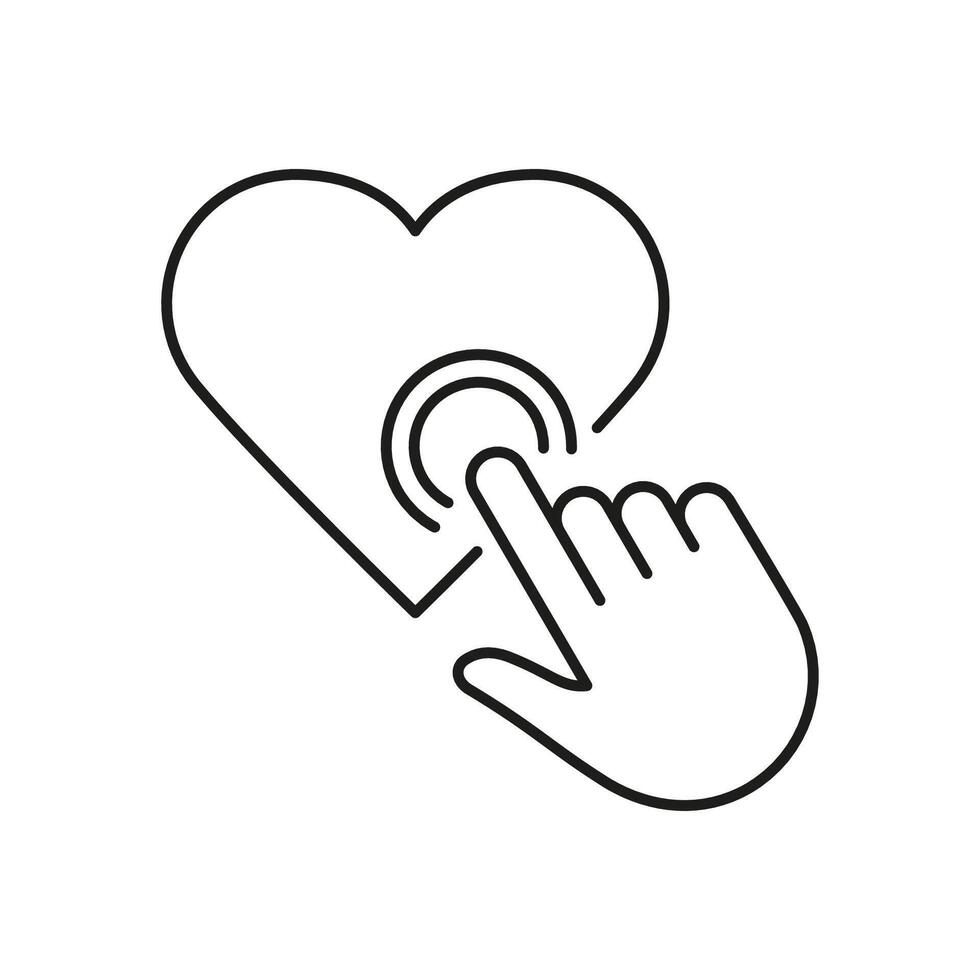 dedo hacer clic el corazón forma botón lineal icono. humano mano grifo en corazón línea pictograma. me gusta firmar para social medios de comunicación. amor a San Valentín día símbolo. editable ataque. aislado vector ilustración