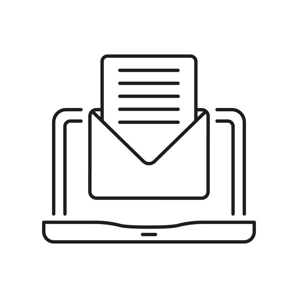 Laptop With Email Line Icon. Receive Digital Letter Linear Pictogram. New Message Outline Symbol. Envelope On Computer Screen Sign. Online Communication. Editable Stroke. Isolated Vector Illustration