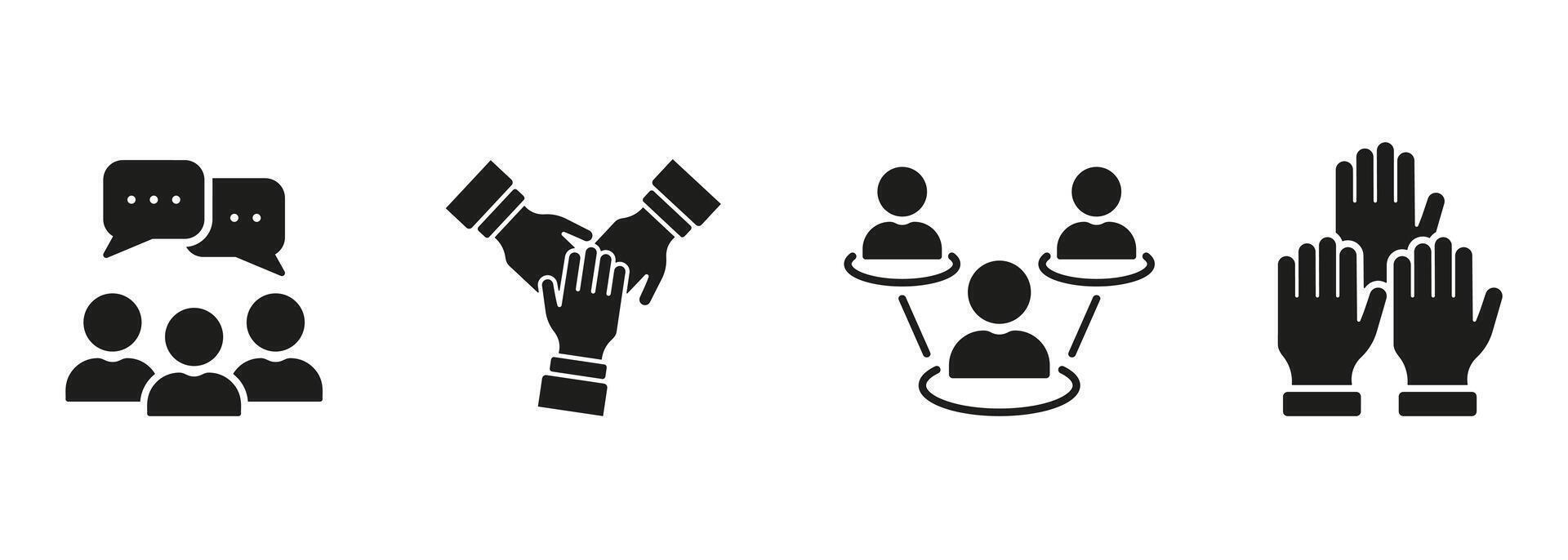 Partnership And Communication In Business Silhouette Icon Set. Teamwork Connection Symbol Collection. Work Conference Glyph Pictogram. Networking Sign. Isolated Vector Illustration