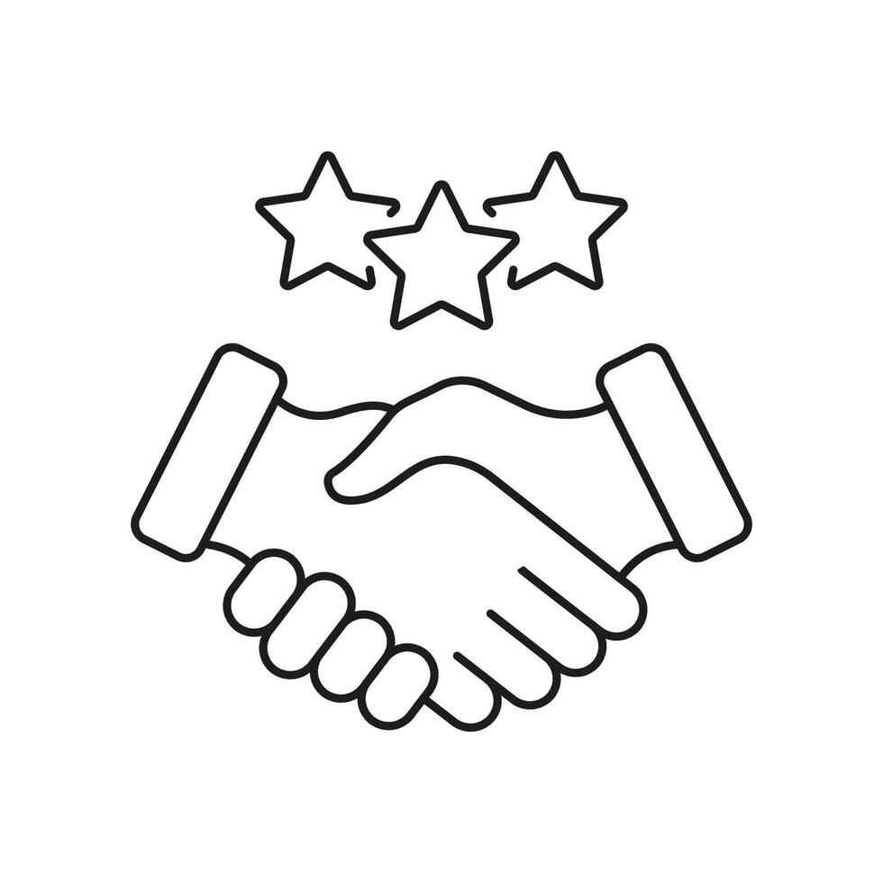 Client Review Symbol. Handshake With Stars Linear Pictogram. Best Partnership Line Icon. Business Communication And Support. Customer Appreciation Sign. Editable Stroke. Isolated Vector Illustration