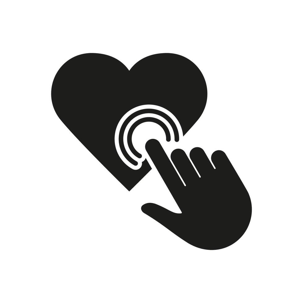 Pointer Click The Heart Shape Silhouette Icon. Love, Online Dating Glyph Pictogram. Like Button On Social Media. Romance At Valentine's Day Symbol. Isolated Vector Illustration