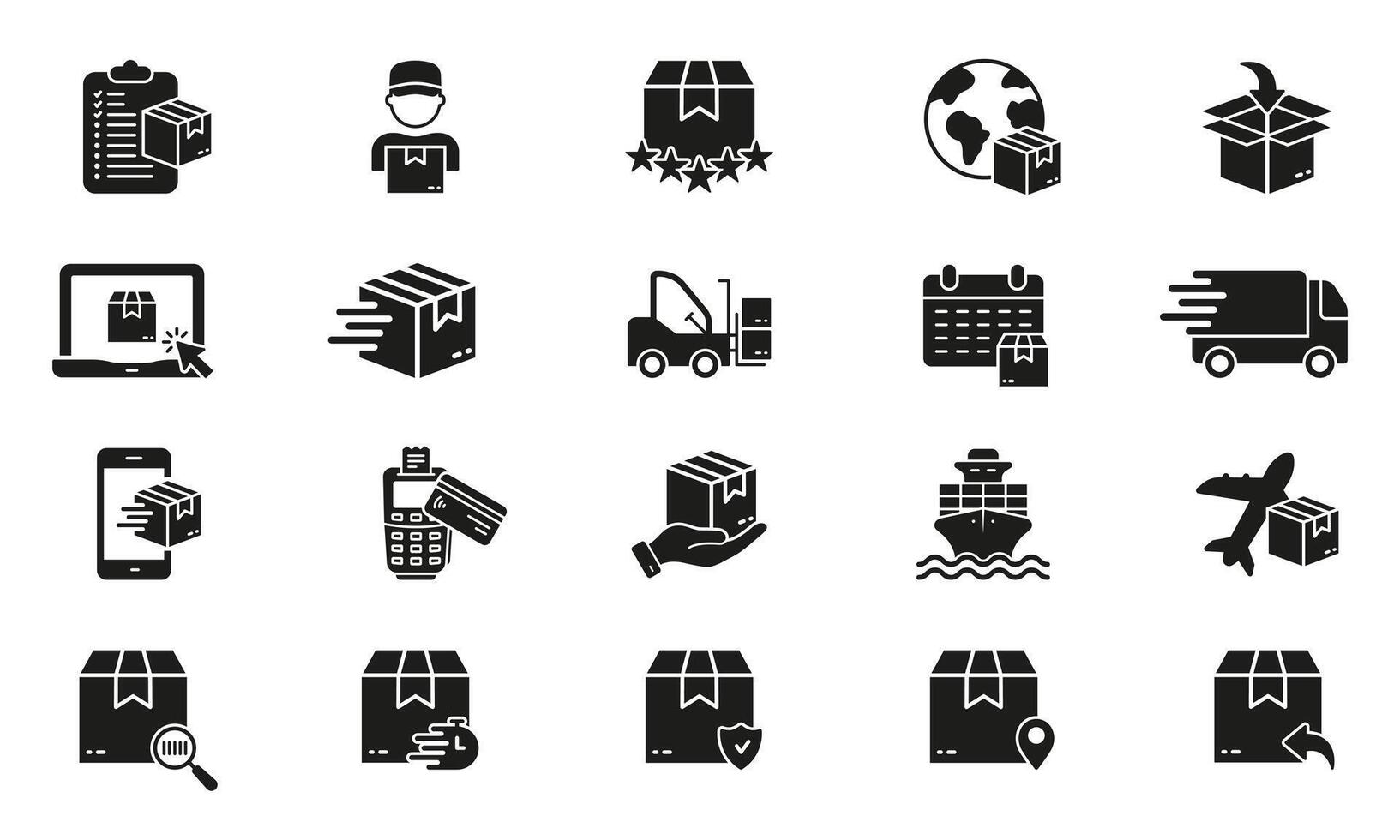 Logistic and Distribution Silhouette Icon Set. Cargo Delivery Glyph Pictogram. International Merchandise Solid Sign. Parcel Box Transportation Symbol Collection. Isolated Vector Illustration
