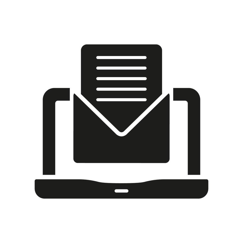 Online Communication Silhouette Icon. Laptop With Email, Envelope On Computer Screen Glyph Pictogram. Receive Digital Letter Solid Sign. New Message Symbol. Isolated Vector Illustration