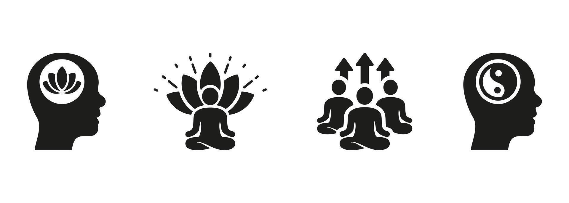 Wellness And Calm, Zen Pose Silhouette Icon Set. People Meditate In Lotus Position, Yin Yang Symbol Collection. Yoga And Health Glyph Pictogram. Wellbeing Sign. Isolated Vector Illustration