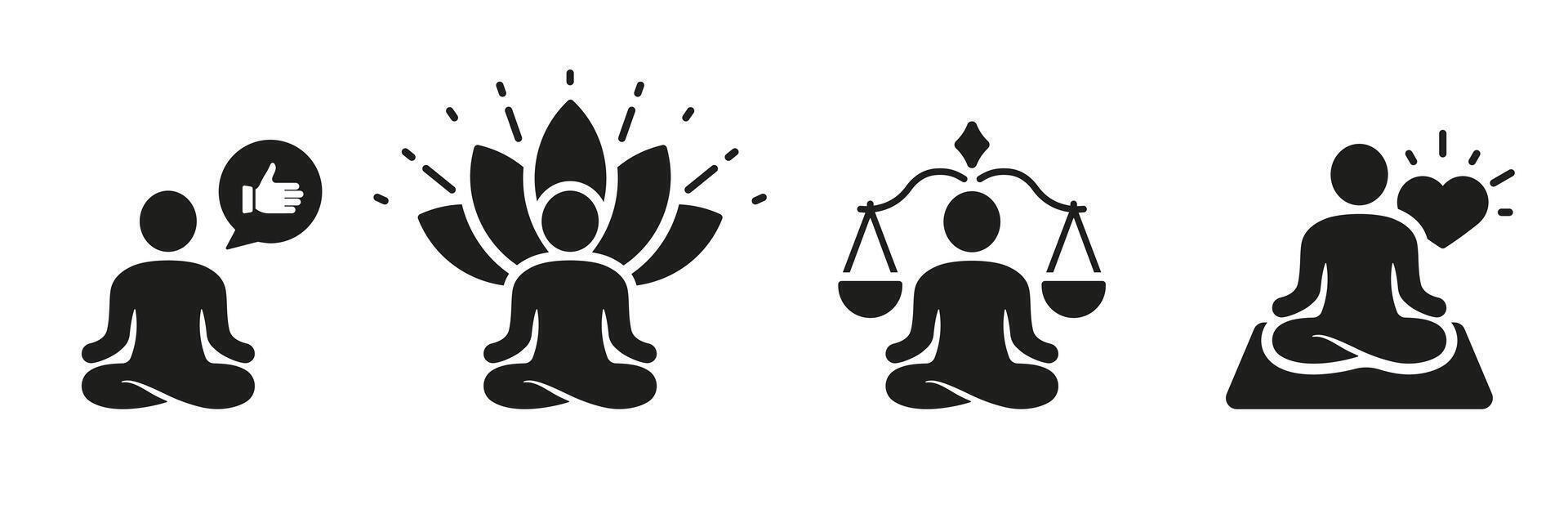 relajarse y yoga silueta icono colocar. sano estilo de vida símbolo recopilación. meditación, armonía, equilibrar glifo pictograma. ejercicio para bienestar, personas en loto actitud signo. aislado vector ilustración