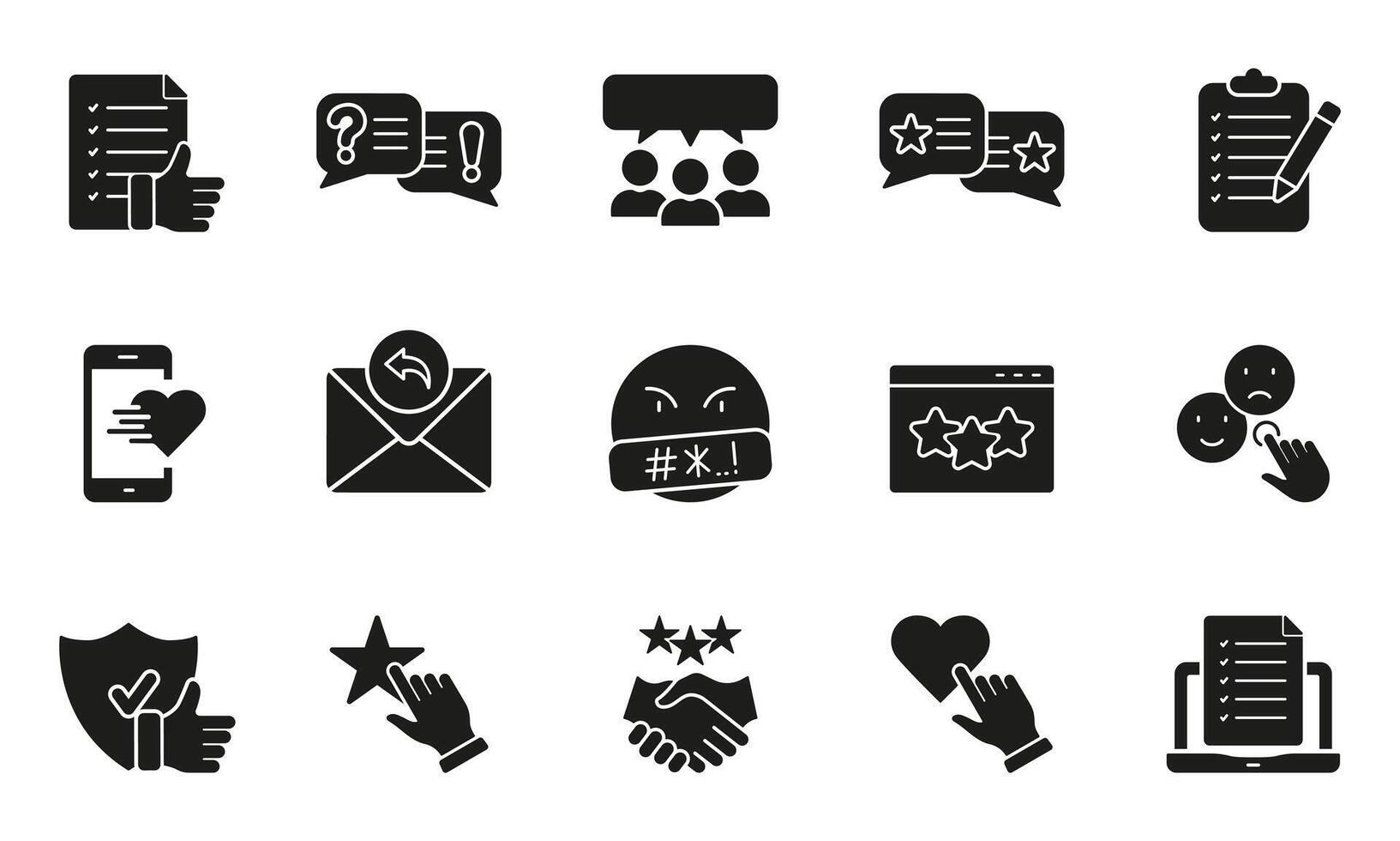 Client Review Silhouette Icon Set. Customer Feedback Symbol Collection. Survey, Questionnaire Glyph Pictogram. Support, Rating, Comment Solid Sign. Isolated Vector Illustration