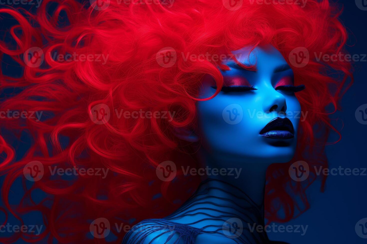 ai generado sorprendentes neón azul rojo mujer. generar ai foto