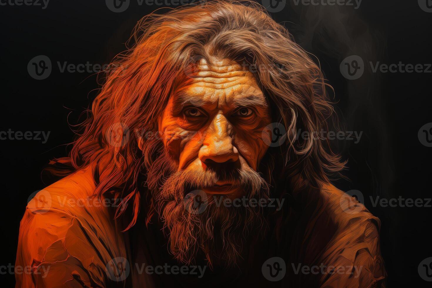 AI generated Contemplative Neanderthal man face orange background. Generate Ai photo