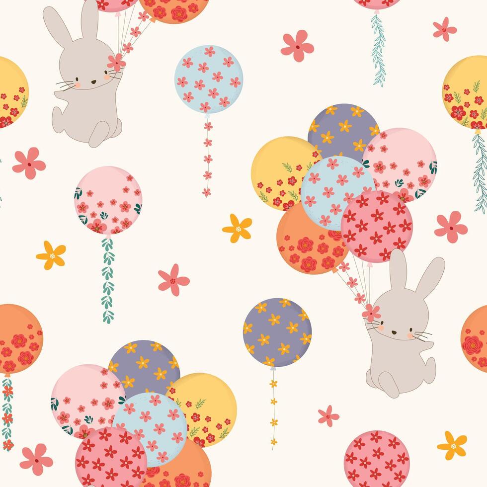 cute pastel bunny holding flowers balloons hand drawn seamless pattern vector illustration for decorate invitation greeting birthday party celebration wedding card poster banner textile  background