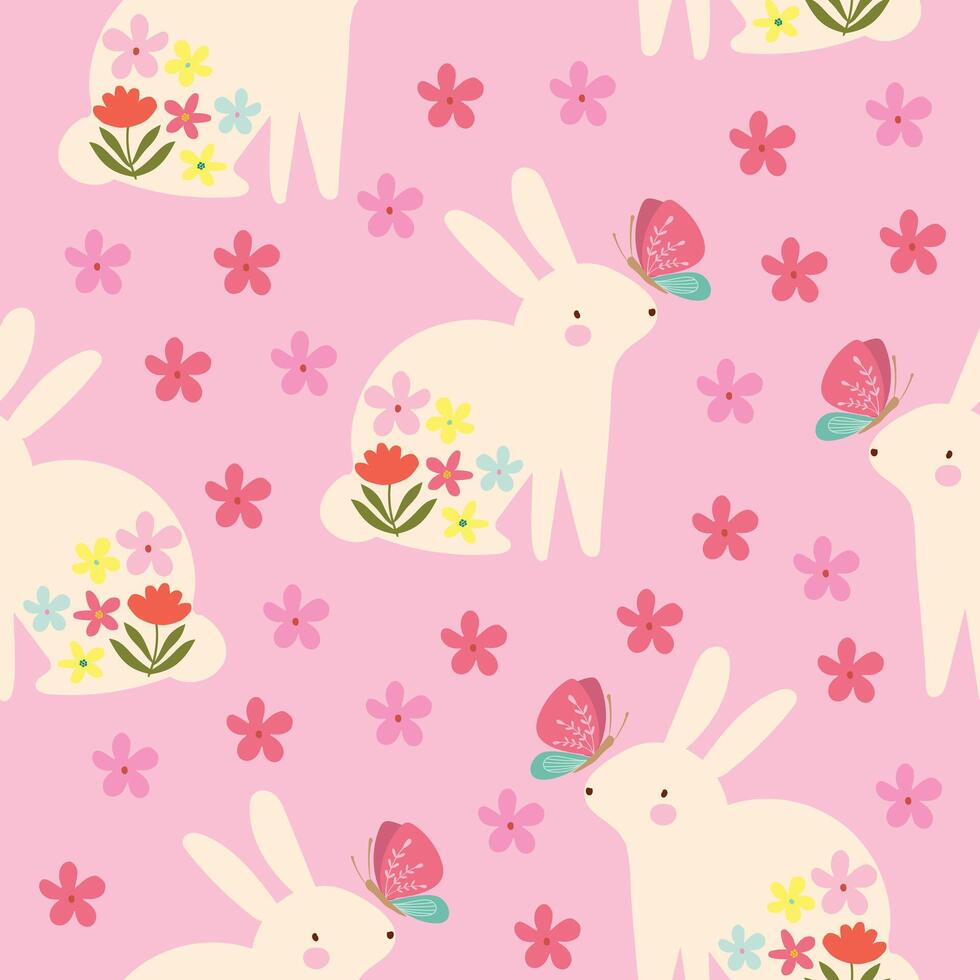 pink bunny with butterfly in garden hand drawn seamless pattern vector for decorate invitation greeting birthday party celebration wedding card poster banner textile wallpaper paper wrap background
