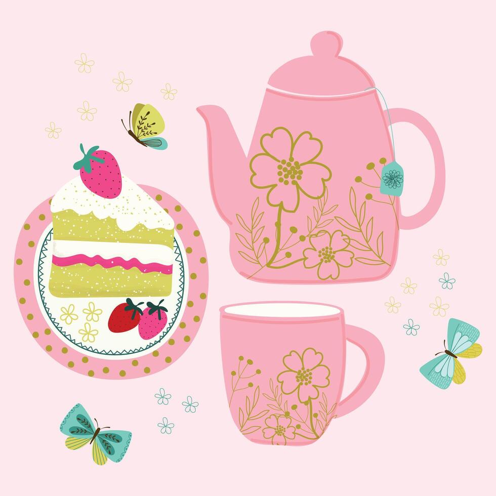 pink cute adorable spring afternoon tea set with strawberry cake hand drawn element vector illustration for invitation greeting birthday party celebration wedding card poster banner background
