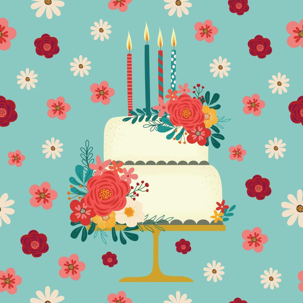 Wedding cake with flowers hand drawn seamless pattern vector illustration for decorate invitation greeting birthday party celebration wedding card poster banner textile wallpaper paper wrap background
