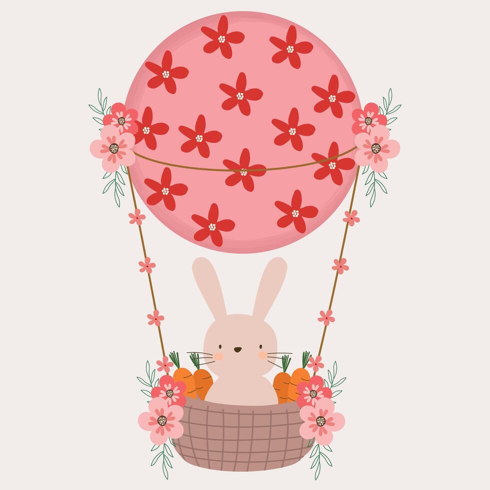 adorable pastel bunny in flowers hot air balloons clipart hand drawn vector illustration for decorate invitation greeting birthday party celebration wedding card poster banner textile background