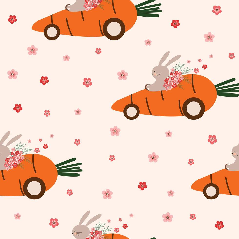 seamless pattern with bunny in carrot cars hand drawn vector illustration for decorate invitation greeting birthday party celebration wedding card poster banner textile wallpaper paper wrap background