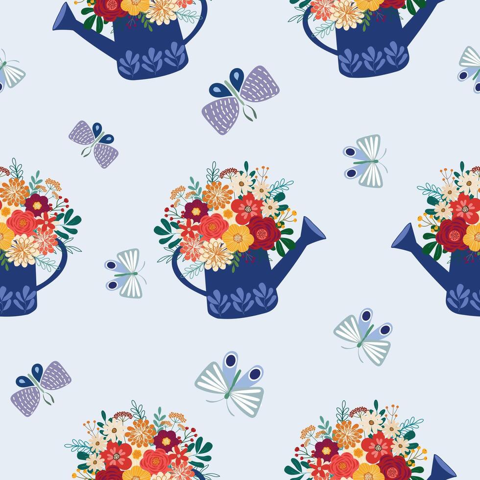 spring wild flowers bouquet in wateringcan hand drawn seamless pattern vector for decorate invitation greeting birthday party celebration wedding card poster banner textile wallpaper background