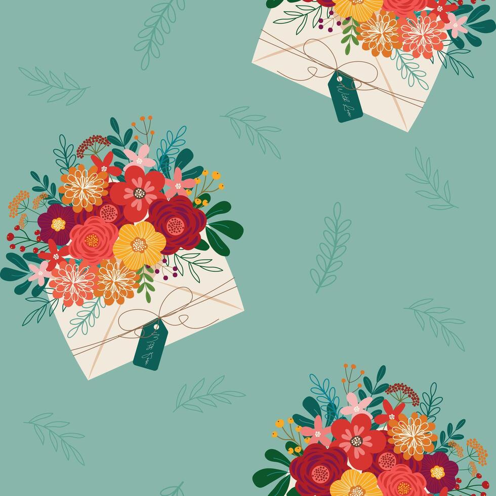 flower envelope with love hand drawn seamless pattern vector illustration for decorate invitation greeting birthday party celebration wedding card poster banner textile wallpaper paper wrap background