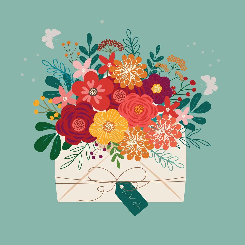 primavera salvaje flores ramo de flores en con amor sobre mano dibujado elemento vector vector ilustración para Decorar invitación saludo cumpleaños fiesta celebracion Boda tarjeta póster bandera antecedentes