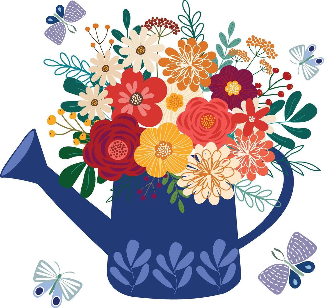 adorable primavera salvaje flores ramo de flores en riego lata con mariposa mano dibujado clipart vector para invitación saludo cumpleaños fiesta celebracion Boda tarjeta póster bandera textil antecedentes