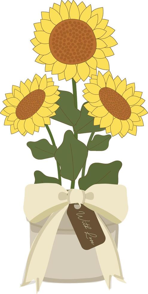 Sunflower plant in pot with ribbon hand drawn element vector illustration for decorate invitation greeting birthday party celebration wedding card poster banner textile wallpaper paper wrap background