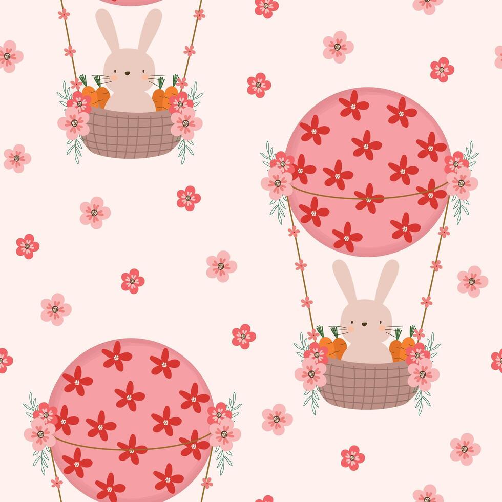 bunny in flowers hot air balloon hand drawn seamless pattern vector illustration for invitation greeting birthday party celebration wedding card poster banner textile wallpaper paper wrap background