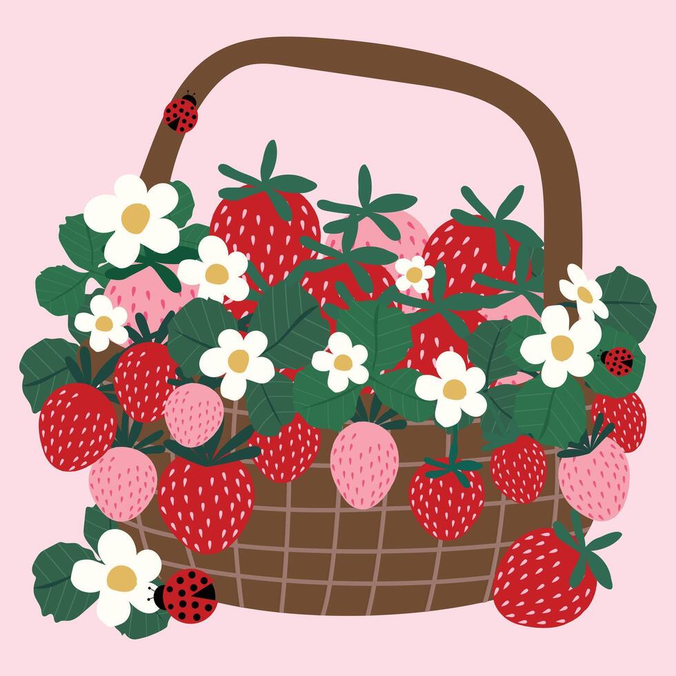 pink strawberry in basket hand drawn clipart element vector illustration for invitation greeting birthday party celebration wedding card poster banner textile wallpaper paper wrap background