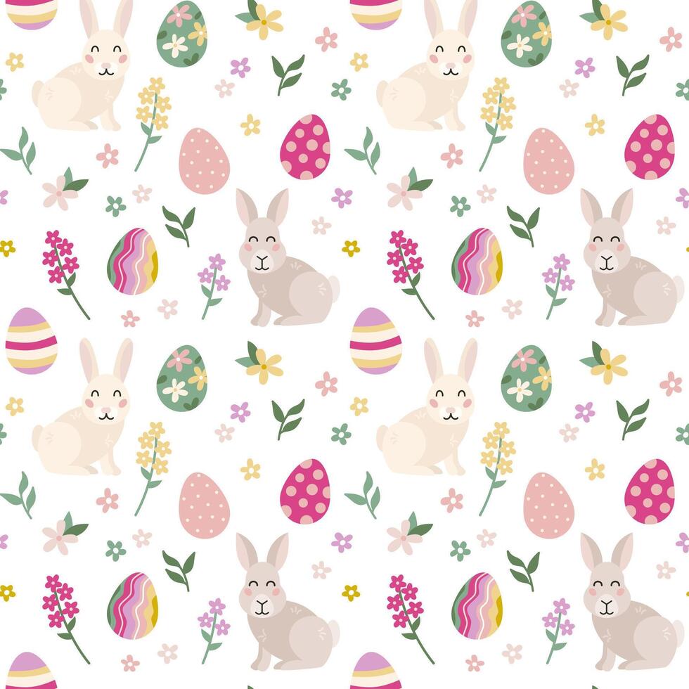 Easter spring seamless pattern with cute rabbit, eggs, flowers. Vector illustration