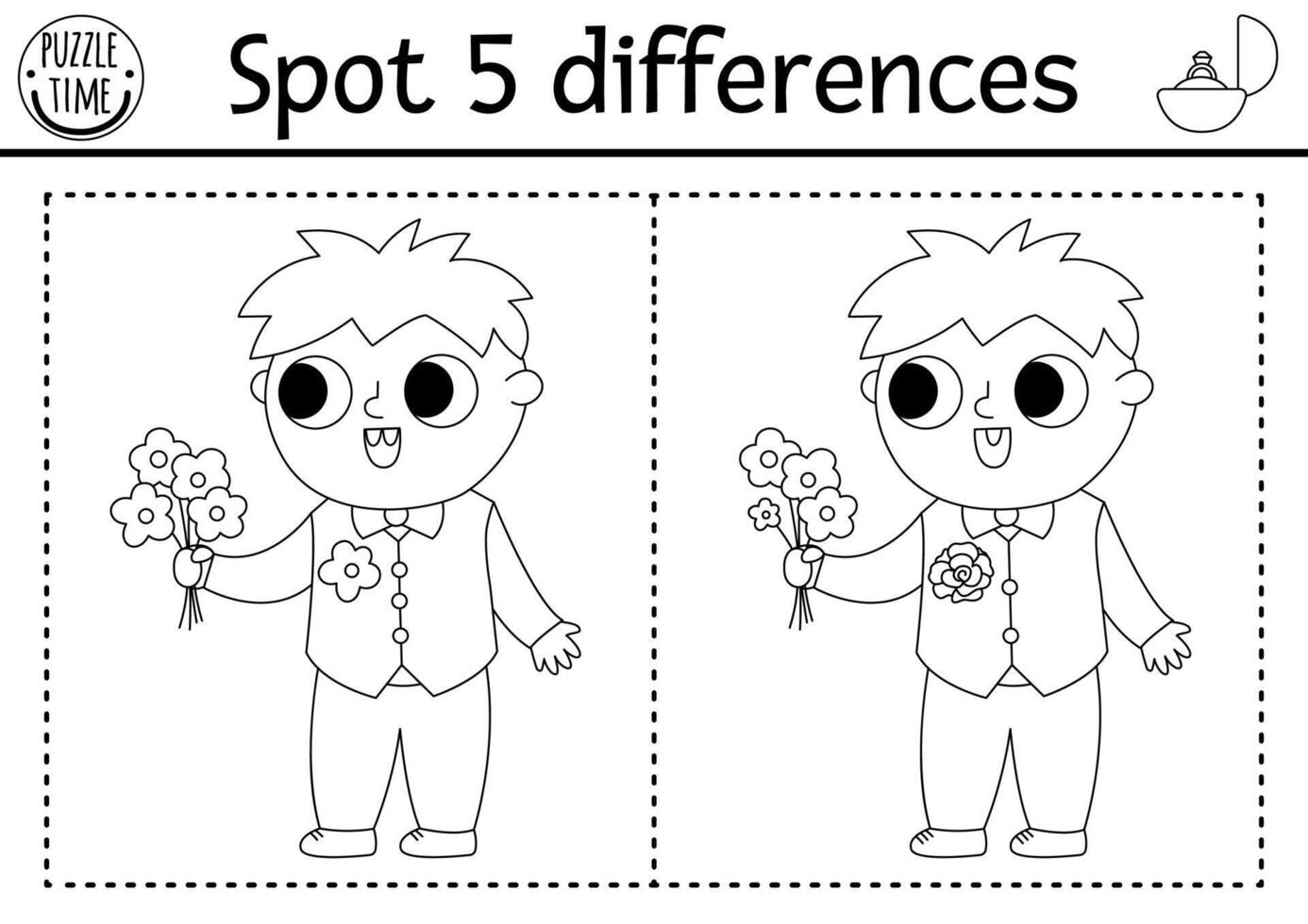 Find differences game for children. Wedding black and white educational activity with cute boy with bouquet of flowers. Marriage printable coloring page for kids with funny little kid guest vector