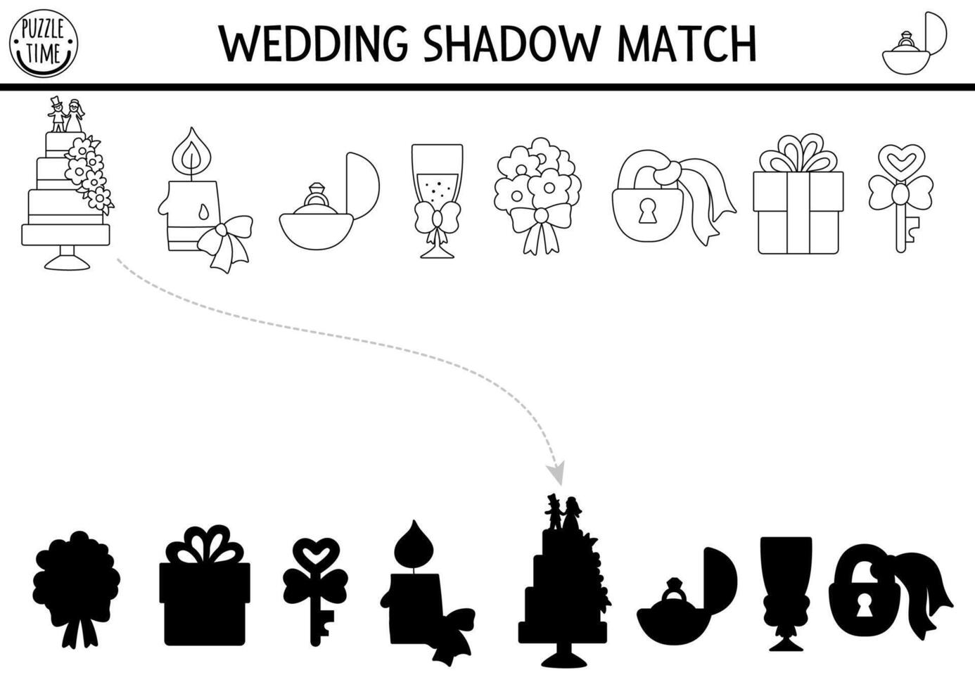 Wedding black and white shadow matching activity with cute bride, groom symbols. Marriage ceremony puzzle with cake, candle, ring, bouquet. Find correct silhouette printable coloring page for kids vector