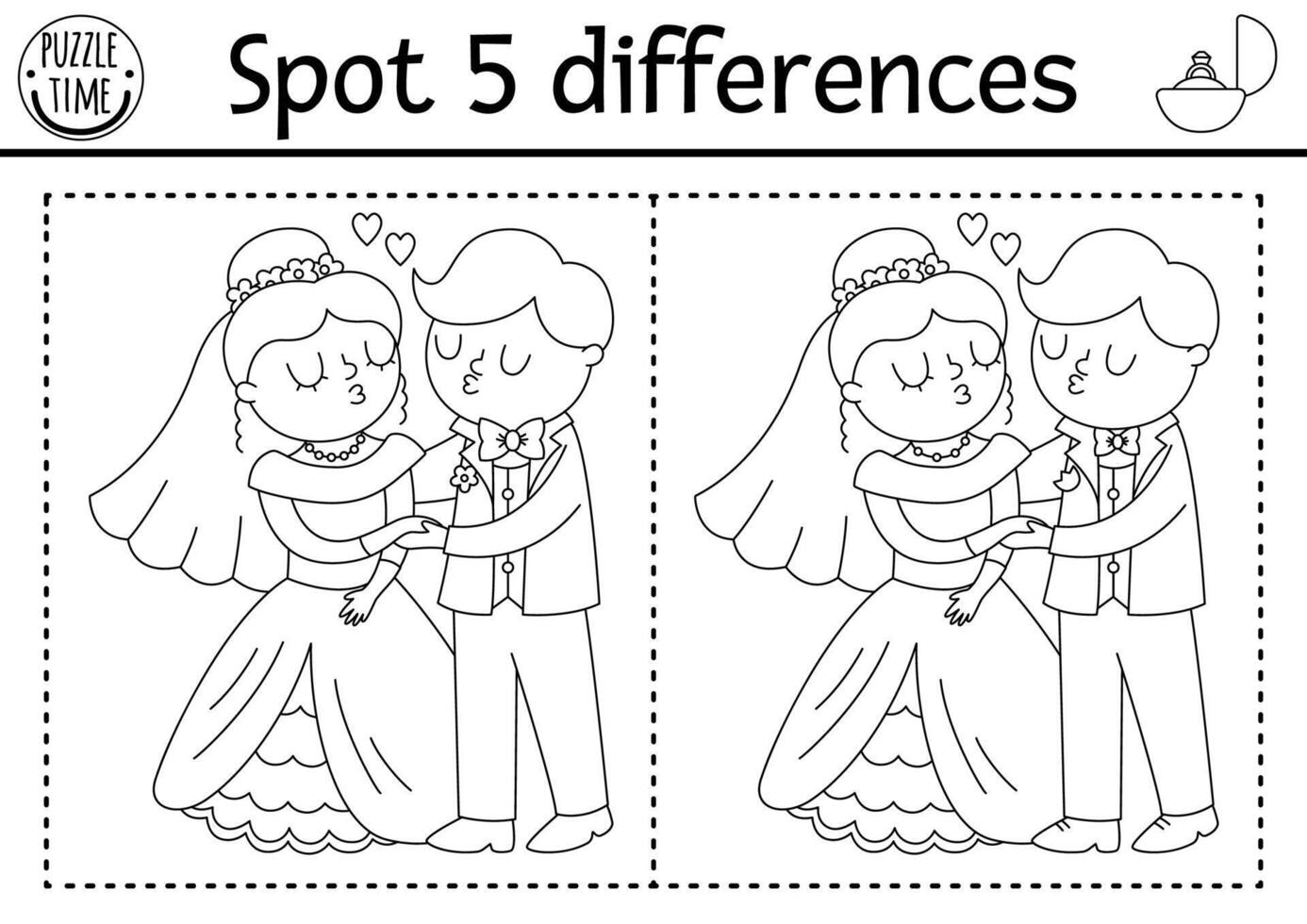 encontrar diferencias juego para niños. Boda negro y blanco educativo actividad con linda casado Pareja. matrimonio imprimible colorante página para niños con gracioso besos novia y novio vector