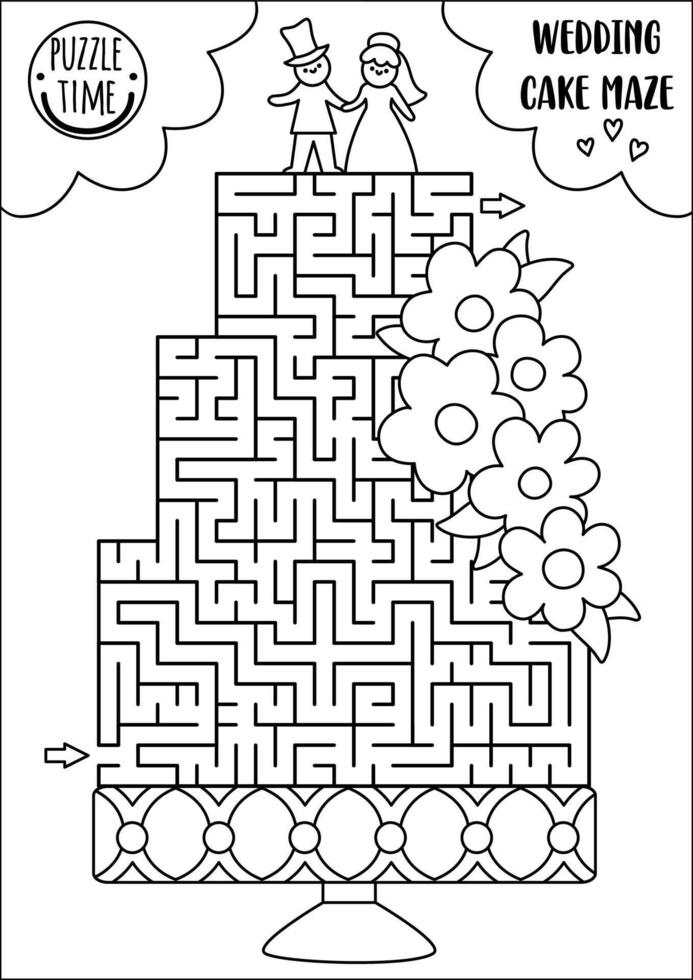 Wedding black and white maze for kids with big cake, bride and groom figurines. Marriage ceremony preschool printable activity. Matrimonial labyrinth coloring page with dessert and flowers vector