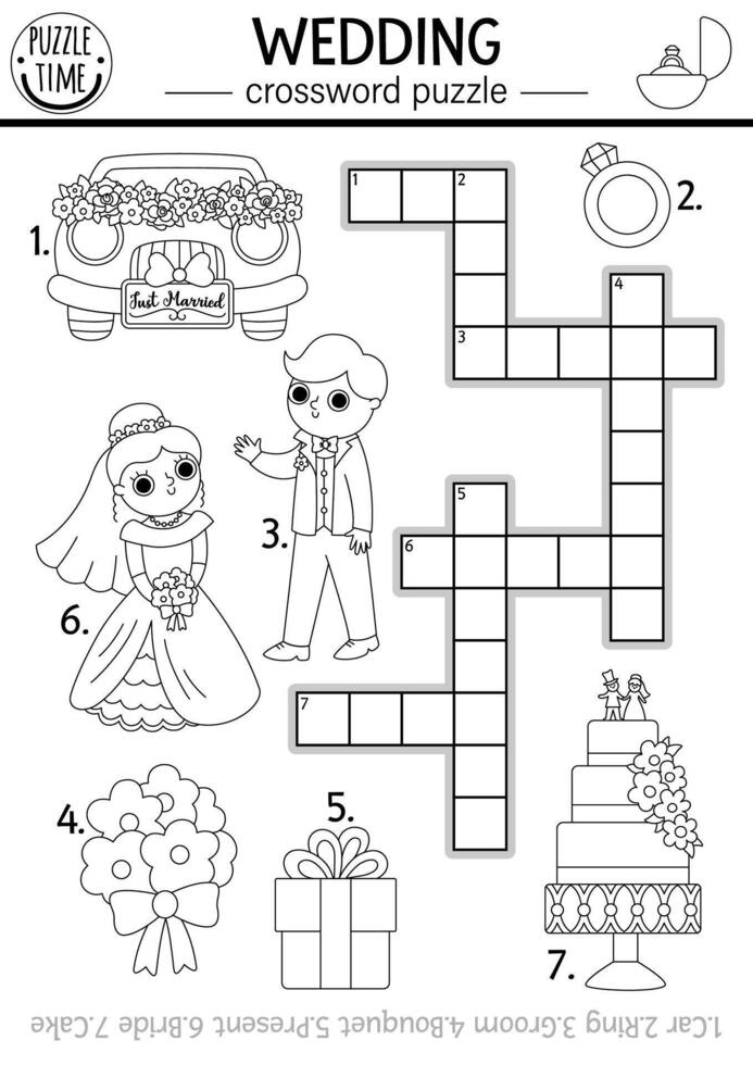 Vector black and white wedding crossword puzzle for kids. Simple line marriage ceremony quiz or coloring page. Matrimony activity with bride and groom. Family holiday cross word