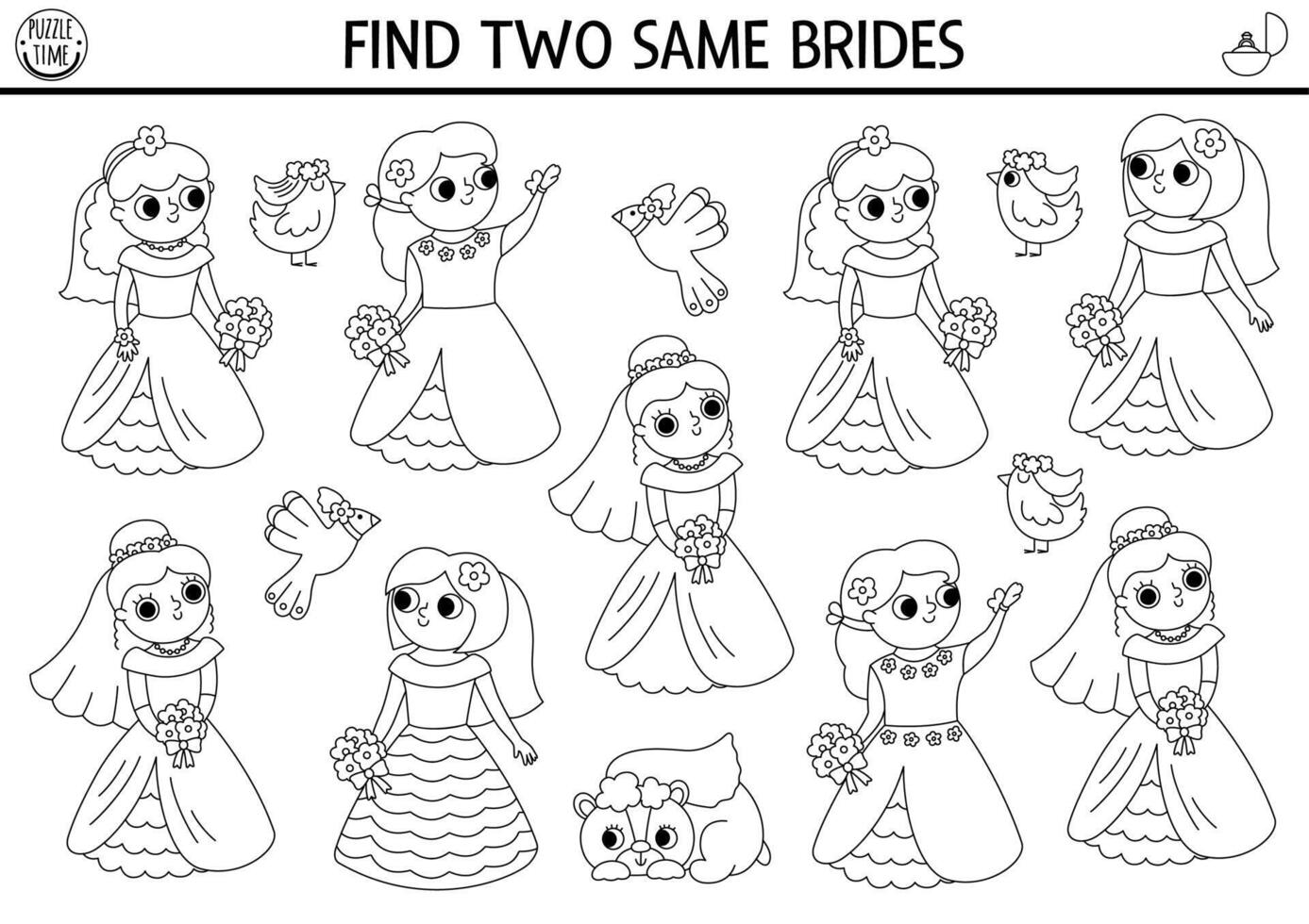 Find two same brides. Marriage ceremony black and white matching activity. Wedding educational coloring page worksheet for kids. Printable game with cute girls in white dresses, veil vector