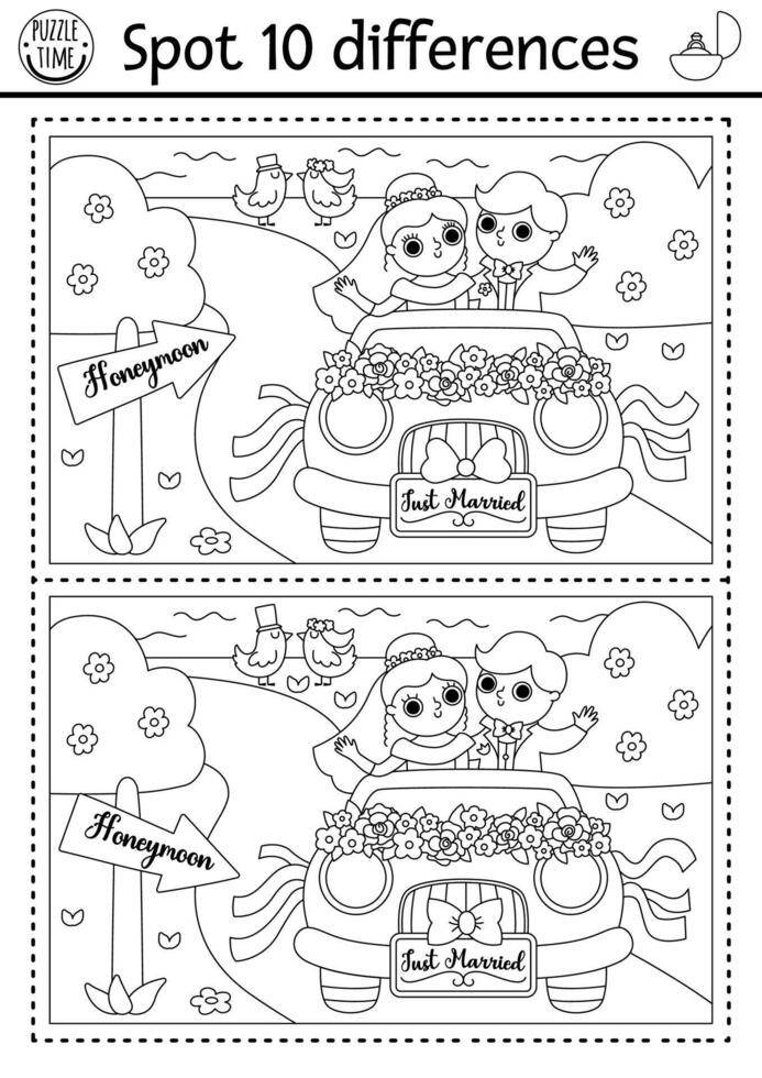 encontrar diferencias juego para niños. Boda negro y blanco actividad con casado Pareja yendo en Luna de miel. matrimonio colorante página para niños con novia y novio. imprimible hoja de cálculo vector