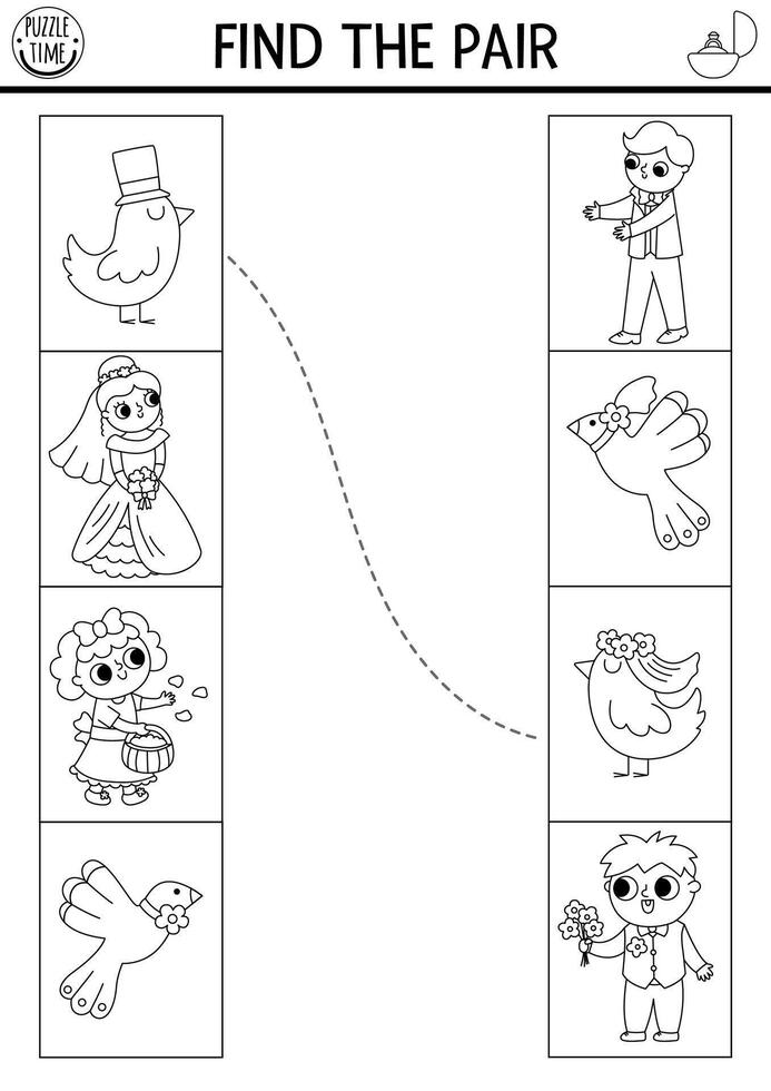 Wedding matching activity. Fun black and white puzzle or coloring page with cute just married couples. Marriage ceremony educational game, printable worksheet for kids. Find the pair vector