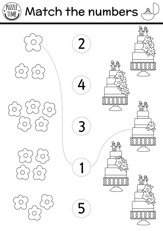 Match the numbers black and white wedding game with cake and flower. Marriage ceremony math activity for preschool kids. Educational counting worksheet or coloring page vector