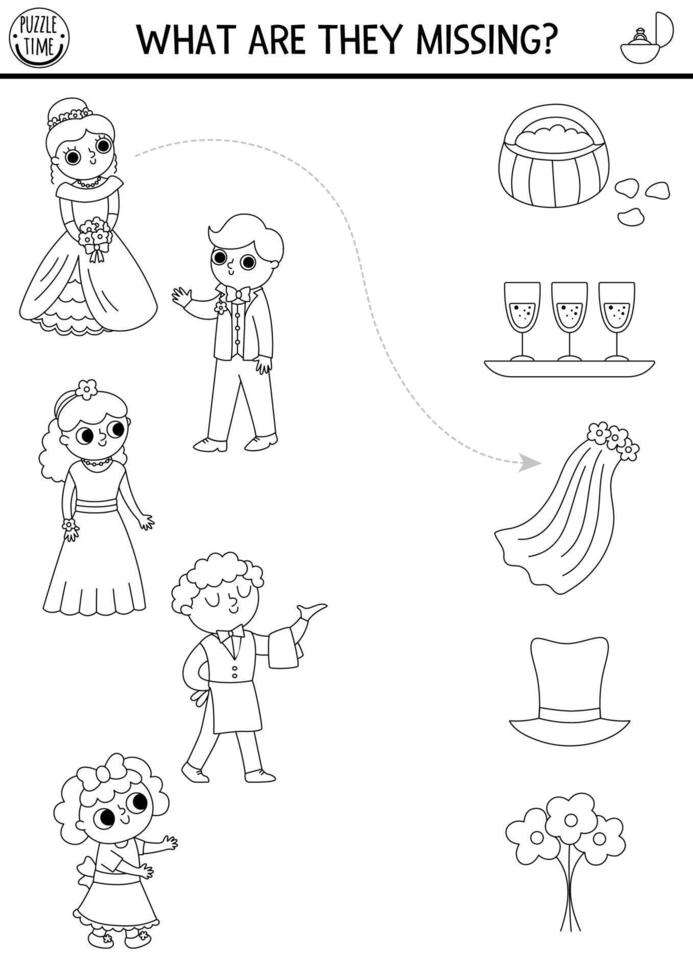 Wedding matching activity with cute bride, groom. Marriage ceremony black and white puzzle. Match the objects game. What they missing printable worksheet. Match up coloring page vector