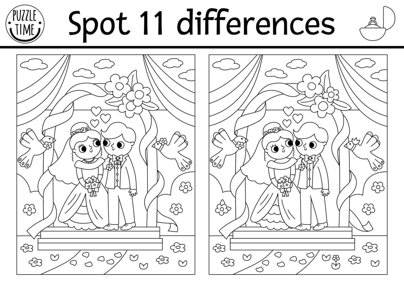 Find differences game for children. Wedding black and white activity with cute married couple under the arch. Marriage coloring page for kids with funny bride and groom. Printable worksheet vector