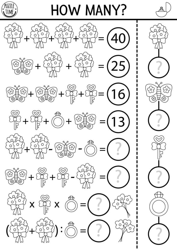 cómo muchos flores juego, ecuación o jeroglífico con linda ramos de flores Boda negro y blanco matemáticas actividad o colorante página. matrimonio ceremonia imprimible contando hoja de cálculo para niños con mariposa, anillo vector