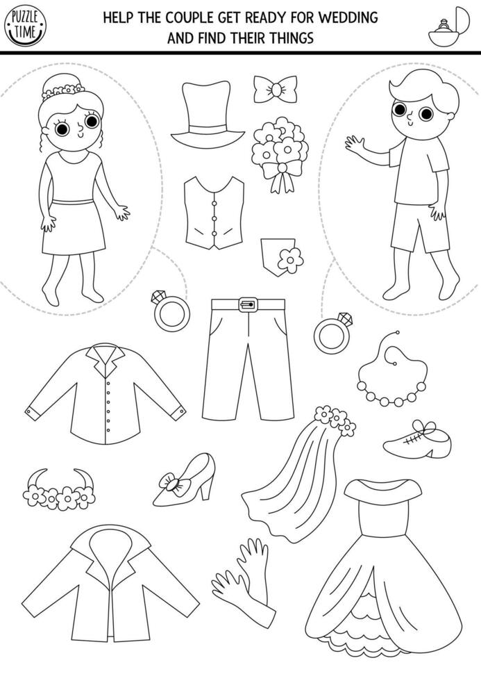 Marriage ceremony black and white matching activity with cute bride, groom and their clothes. Match the objects coloring page. Help the couple get ready for wedding and find their things vector