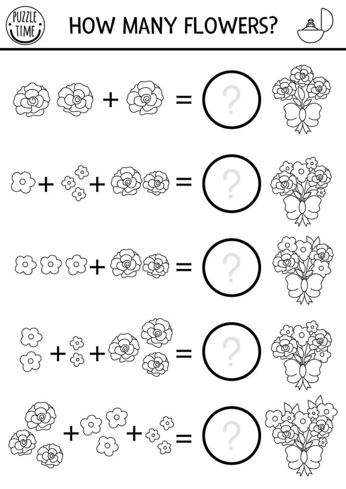 How many flowers black and white game with cute bouquets. Wedding math addition activity or coloring page. Simple marriage ceremony line printable counting worksheet for kids vector