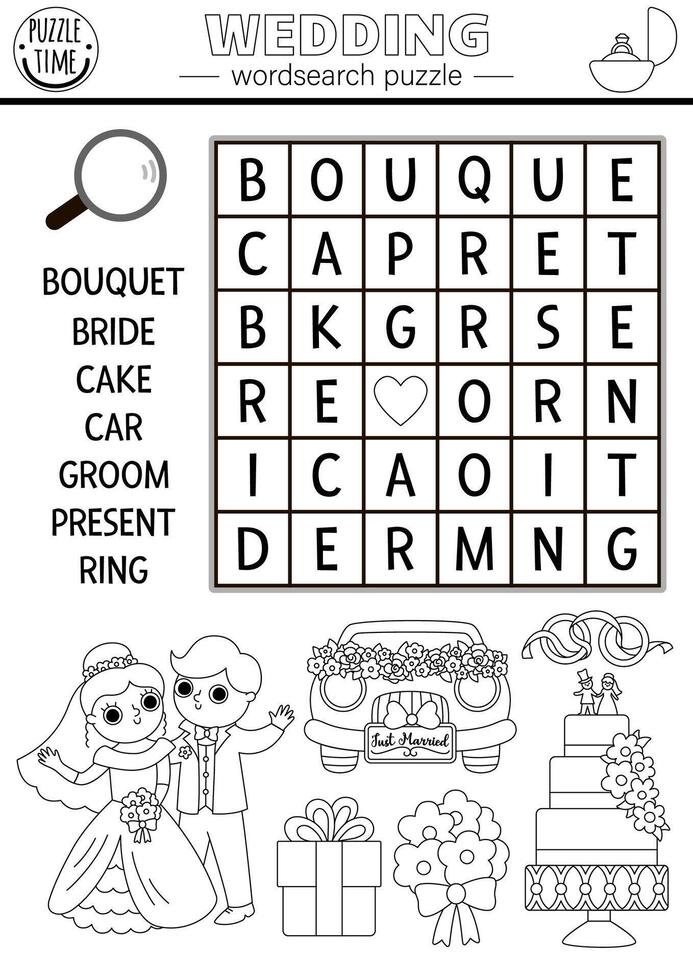 Vector black and white wedding wordsearch puzzle for kids. Simple word search quiz with marriage ceremony landscape for children. Educational activity or cross word  with bride, groom, cake