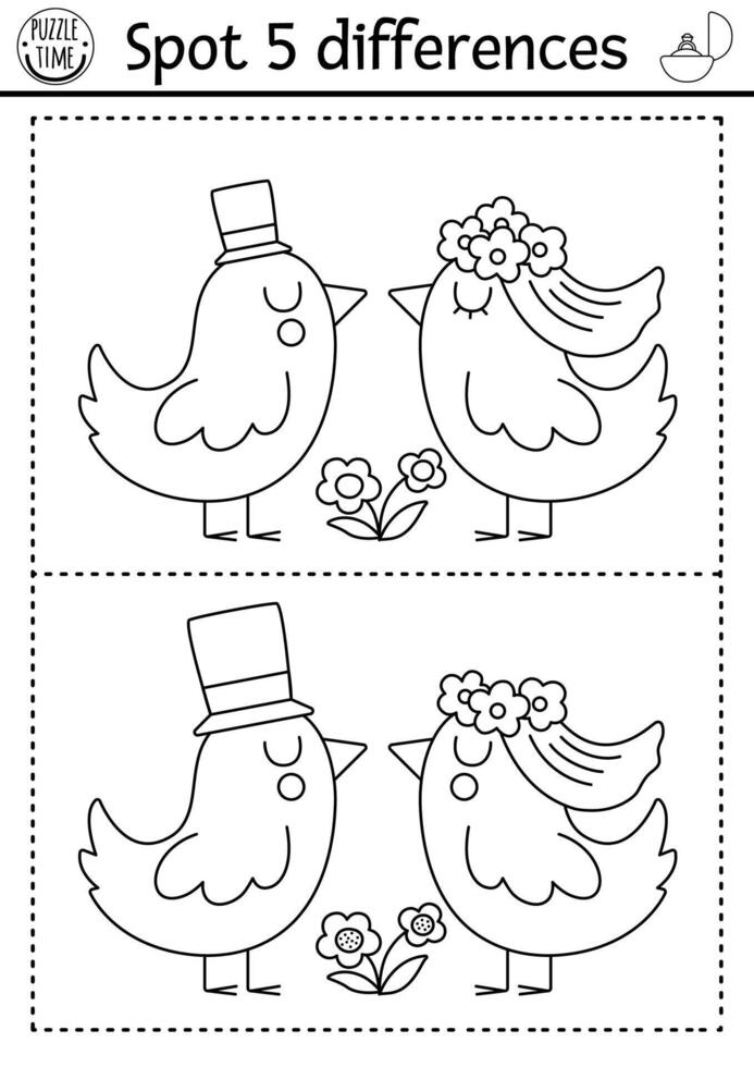 Find differences game for children. Wedding black and white educational activity with cute married birds couple. Marriage printable coloring page for kids with funny animal bride and groom vector