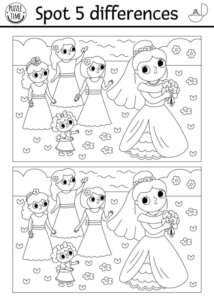 Find differences game for children. Wedding black and white activity with cute married girl. Marriage coloring page for kids with bride throwing bouquet to bridesmaids. Printable worksheet vector