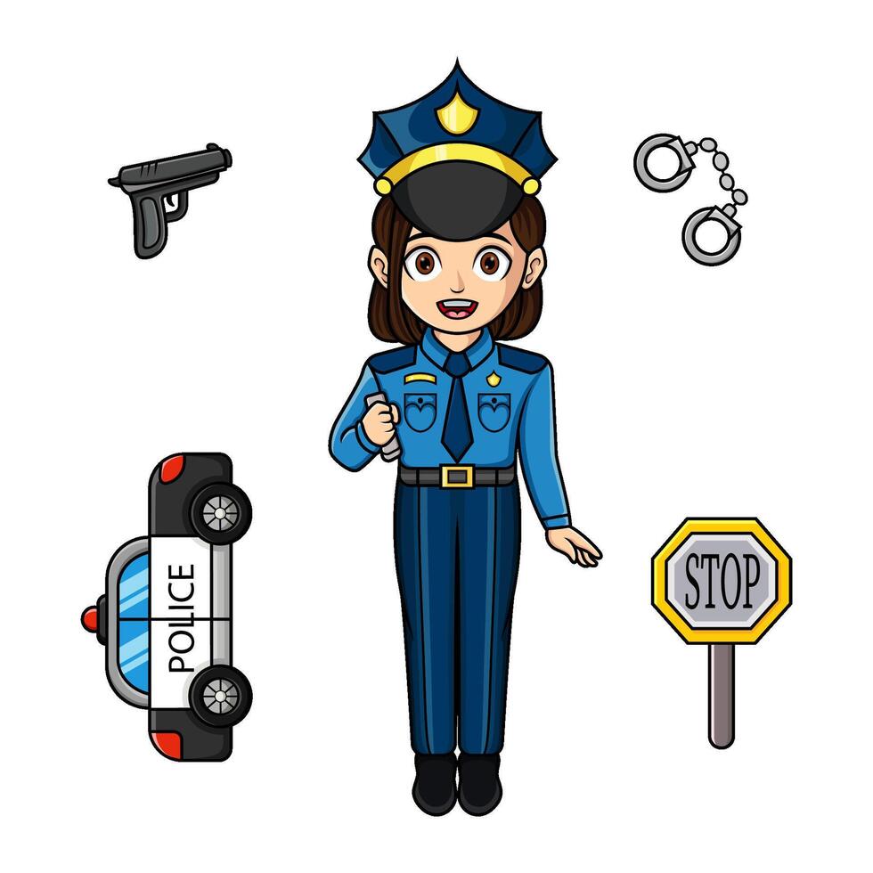 Cute female police officer with equipment set vector