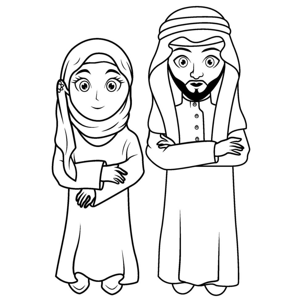 Happy couple muslim kids cartoon line art vector