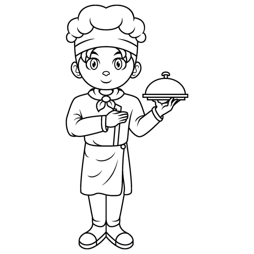 dibujos animados pequeño chico cocinero participación un plata bandeja vector
