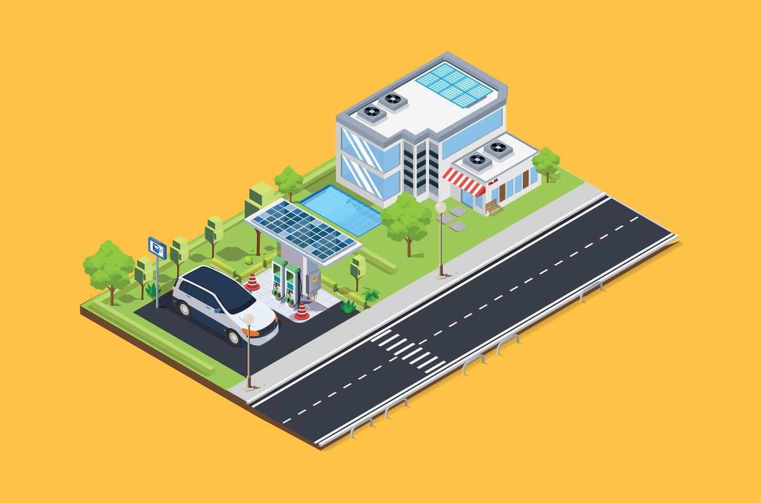 isometric roadside electric car charging station next to the house, easy to access from the main road, Suitable for Infographics and Book Picture Illustration vector