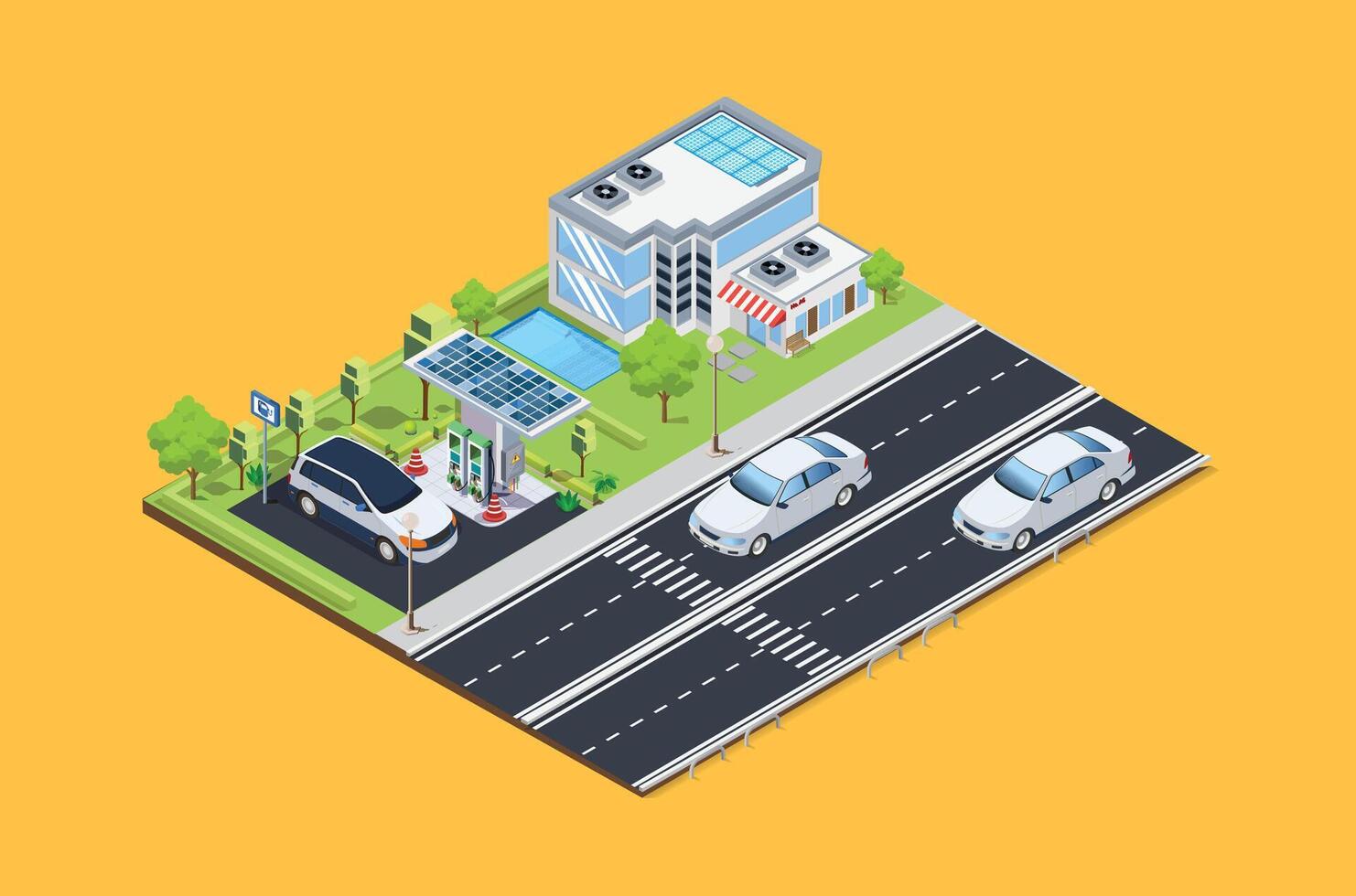 isometric roadside electric car charging station next to the house, easy to access from the main road, Suitable for Infographics and Book Picture Illustration vector