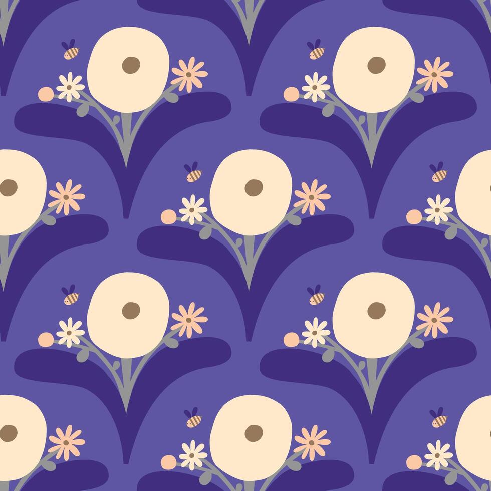 Beautiful seamless floral pattern in retro style. Cute blossoming bouquet texture. Vector background with hand drawn flowers and bees